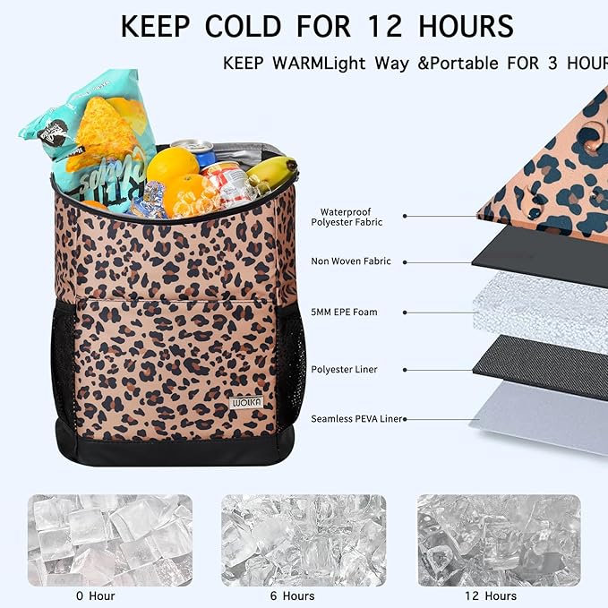 Wolka Cooler Backpack 30 Cans,Portable Backpack Coolers Insulated Leak Proof,Waterproof Soft Sided Cooler Bag for Travel,Beach,Camping,Picnic,Lunch Backpack for Women (Brown Leopard)