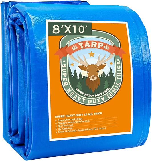 Tarps Heavy Duty Waterproof 8x10, Blue Tarp, Waterproof Plastic Poly 16 Mil Thick Tarpaulin with Metal Grommets Every 19.5 Inches - Emergency Rain Shelter, Outdoor Cover, and Camping Use