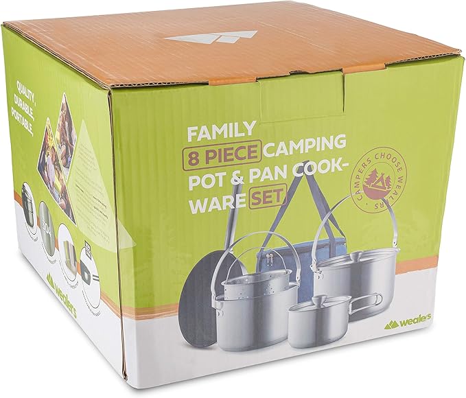Camping Cookware Set 304 Stainless Steel 8-Piece Pots & Pans Open Fire Cooking Kit | Frying Pan Steamer with Travel Tote Bag | Compact for Outdoors & Indoors Kitchen Campfire Hiking RV