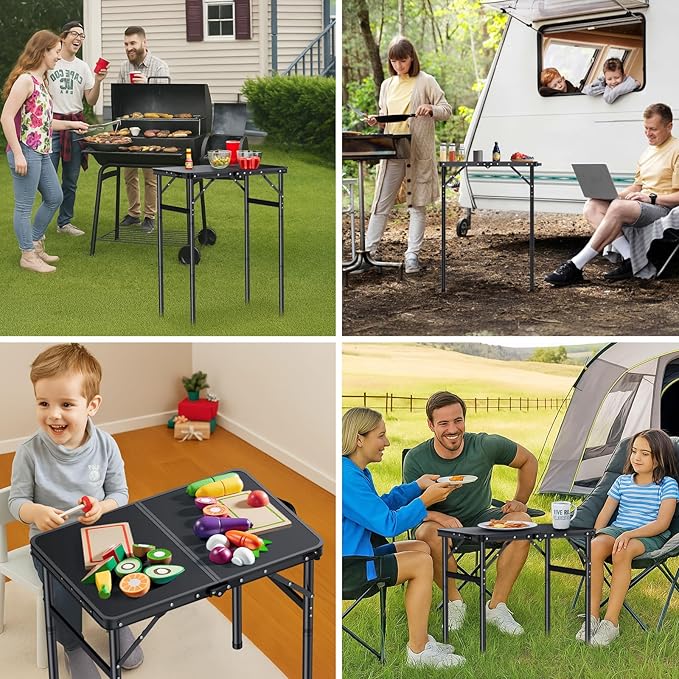 Folding Camping Table Portable Pinic Table 3 Level Height Adjustable Aluminum Frame Small Foldable Camp Table Light Weight with Carry Handle for Outdoor Indoor Hiking Camp BBQ Beach