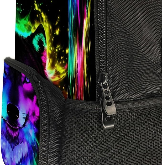 Polyester Daypack for Camping Travel Walking Cycling, Big Capacity Anti-Theft Multipurpose Bookbag, Wolf Colorful Fire Splashes Art Camping Outdoor Backpack