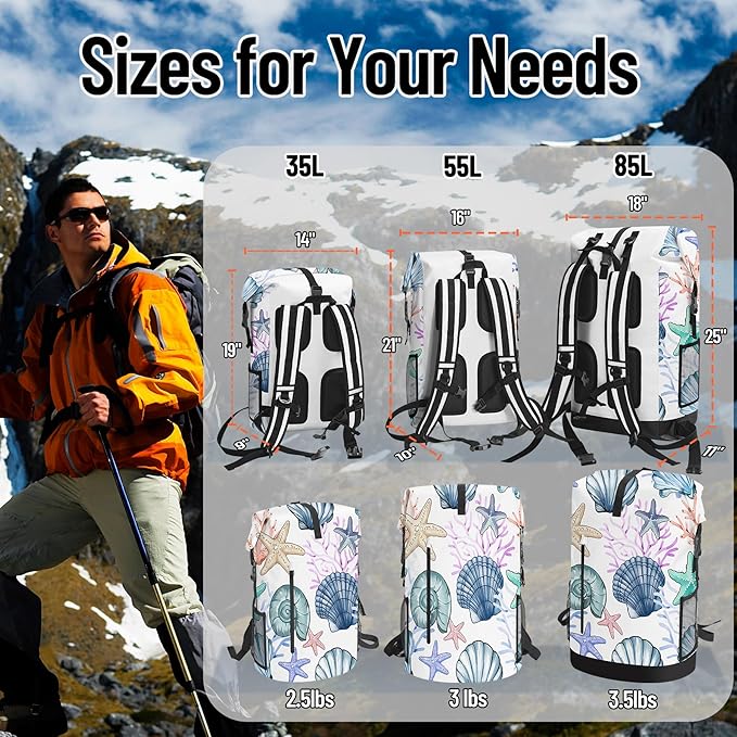 Waterproof Dry Bag Heavy Duty Marine Dry Bags for Kayaking Hiking Sea Shell Coral Nautical Starfish Backpack Roll-Top Closure Bag - Backpack Waterproof Phone Case 35L/55L/85L