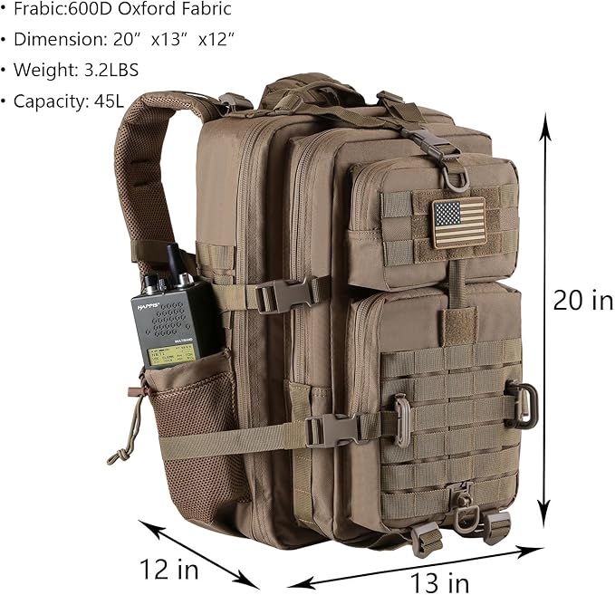 45L MOLLE Assault Backpack, Tactical Backpack Military Army Camping Rucksack with Bottle Holder, 3-Day Pack Trip w/USA Flag Patch, D-Rings, Khaki