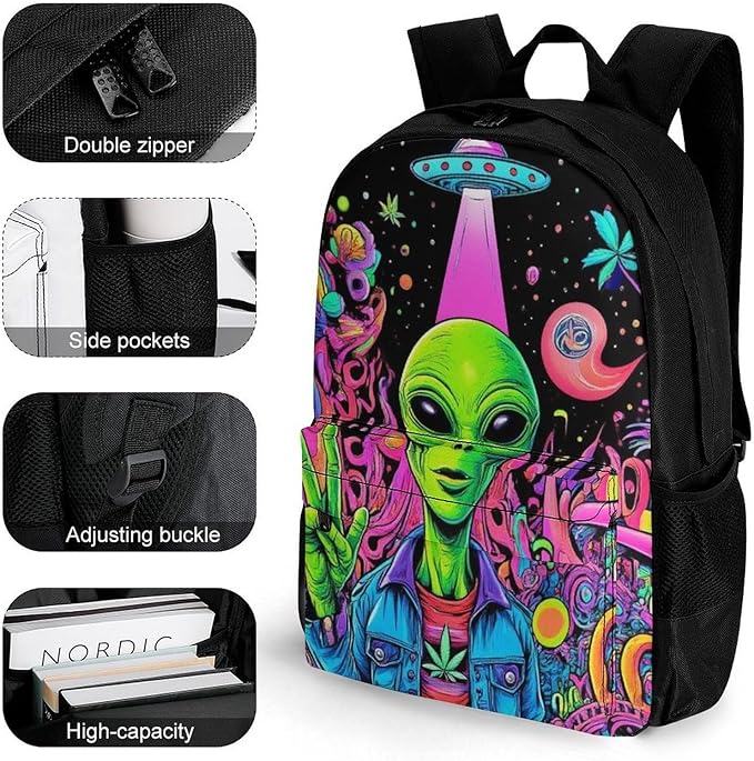 Rucksacks Polyester Anti-Theft Multipurpose Trippy Alien Ufo Art Carry On Bag Large Capacity Gym Outdoor Hiking Backpack With Smooth Zippers