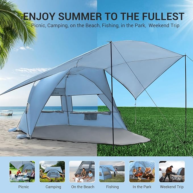 Elegear CumbreX™ Beach Tent with 360° Removable Canopy, 4-6 Person Pop Up Sun Shade Shelter, UPF 50+ Automated Installation Double Silver Coating Portable Lightweight Beach Cabana for Beach/Outdoor