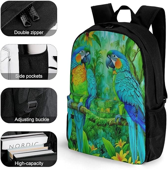 Supdreamc Polyester Daypack Backpack for Sports Travel Running, Big Capacity Anti-Theft Multipurpose Carry On Bag, Parrots Spirit Art Laptop Book Bag Rucksack