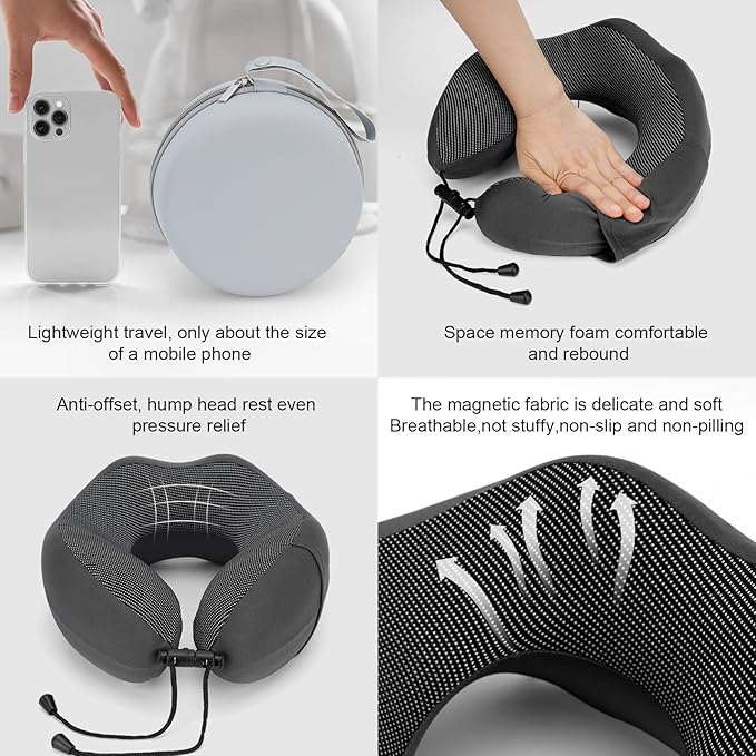 Travel Pillow Memory Foam Neck Pillow for Airplane Washable Silk Cover Ergonomic Neck Support Pillow with Storage Box