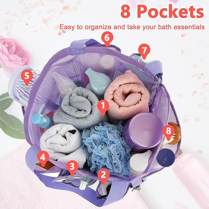 Mesh Shower Caddy Portable for College Dorm Room Essentials, 8-Pocket Large Shower Basket Tote Bag with 2 Handles for Toiletry, Bathroom, Beach, Camp, Gym
