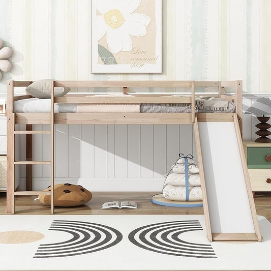KEIKI Twin Low Loft Bed with Slide & Ladder, Rubber Wood, Underbed Storage, Guardrails, White Oak