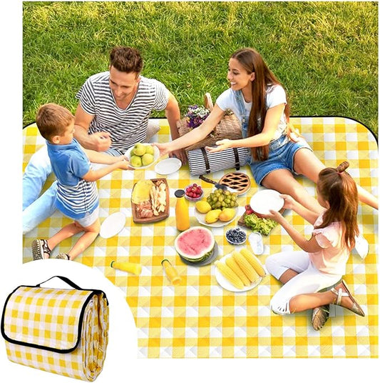 Large Picnic Blankets, 3 Layers Thick Soft Gingham Camping Blanket, 59X79IN Foldable Waterproof Rug, Portable Outdoor Mat for Beach Grass Hiking Park Travel, Sandproof, Machine Washable-Yellow
