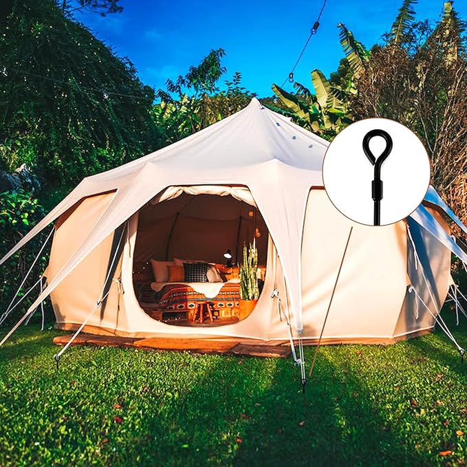 MIXXIDEA18 Inch Ground Anchors Screw in Folding Ring Spiral Metal Ground Stakes Dog Tie Out Stake Spiraling Anchor Trampoline Anchors for Tent (black-8pk)