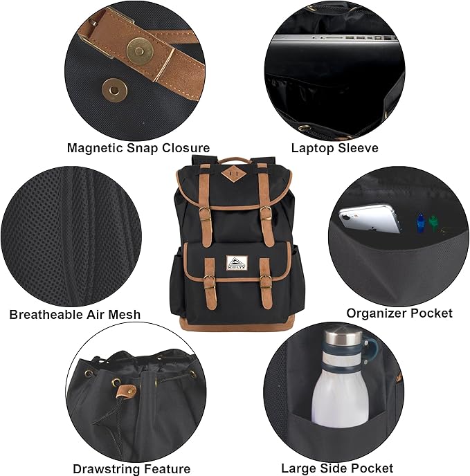 Kelty 18 Inch Laptop Travel Backpack, Drawstring Anti-Theft Backpack with Laptop Compartment, Side Pockets for Men, Women (Black Travel Rucksack)