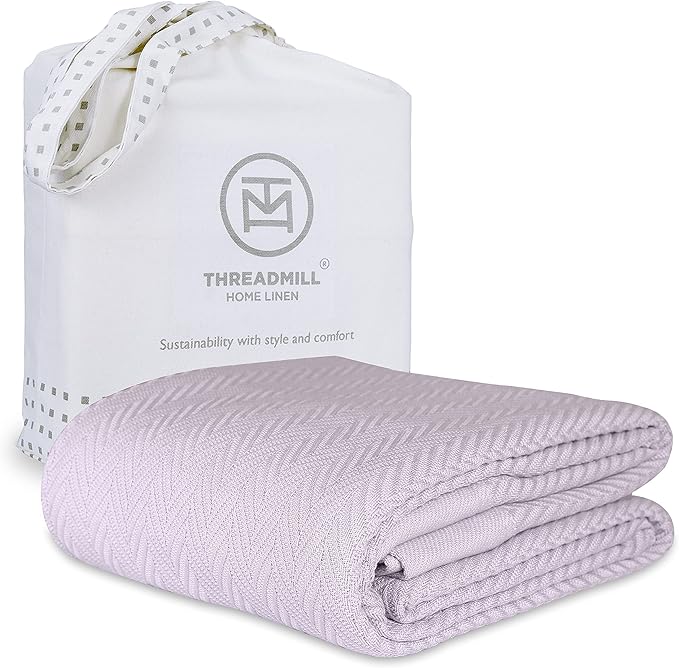 Threadmill Luxury Cotton Blankets for Queen Size Bed | All-Season 100% Cotton Queen Size Blanket | Herringbone Cozy, Soft Breathable Fall Thermal Blanket fits Full Size Bed, 90x92 | Lilac