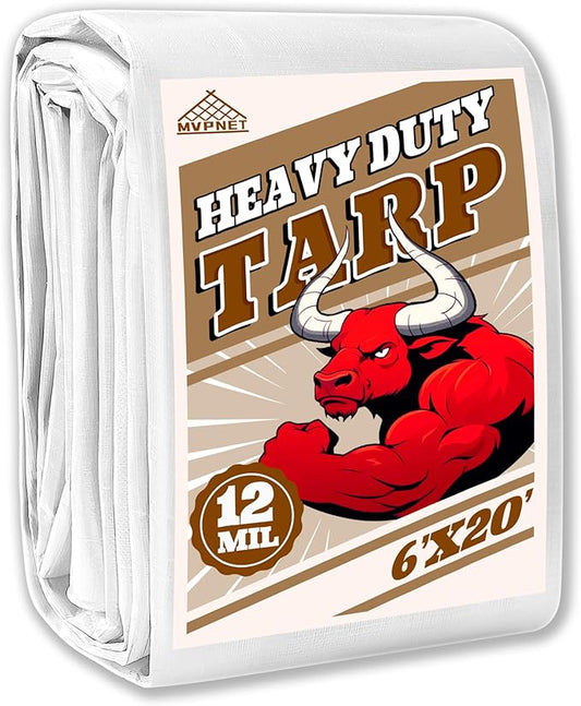 Tarp 6x20 ft Heavy Duty 12mil 100% Waterproof High Durability Multipurpose,Uv Resistant,White Tarp Suitable for Swimming Pools, Boats, Camping, Courtyards, Etc -by MVPNET