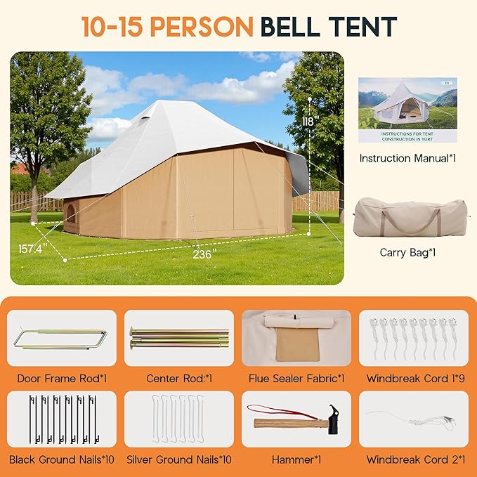 SPECRAFT Canvas Bell Yurt Tents & Inflatable Tent for Camping, Waterproof Glamping Tent with Stove Jack, Breathable Mesh, Snowproofing Spacious 4-Season Family Shelter for Outdoor, Camping, Parties
