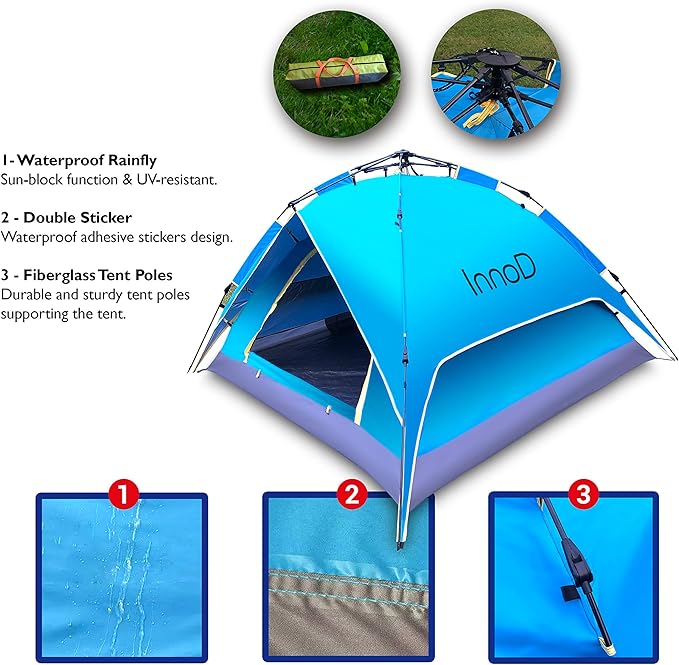 3 Person Tent, Instant Pop up Dome Tent for Camping with Waterproof Rain Fly, Easy Setup Outdoor Camping Tent & Shelters