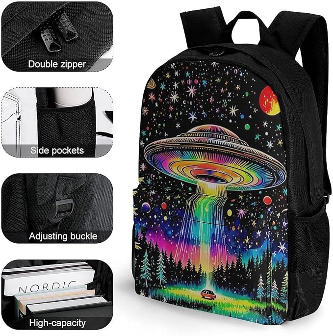 Supdreamc Adults Lightweight Colorful Magical Spaceship Art Shoulder Book Bags Big Capacity Shoulder Bag With Adjustable Shoulder Straps for Trekking Work Walking Cycling