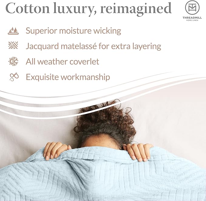 Threadmill Luxury Cotton Blankets for King Size Bed | All-Season Cozy 100% Cotton King Size Blanket | Aster Jacquard Soft & Lightweight Coverlet | Light Blue