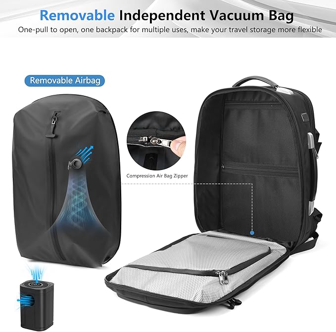 POSO Vacuum Backpack Travel, 60L Expandable Vacuum Seal Backpack with Pump, fit 17'' Laptop Backpack, TSA Lock Carry-On Airback Travel Backpack with Detachable Compression Airbag- Black