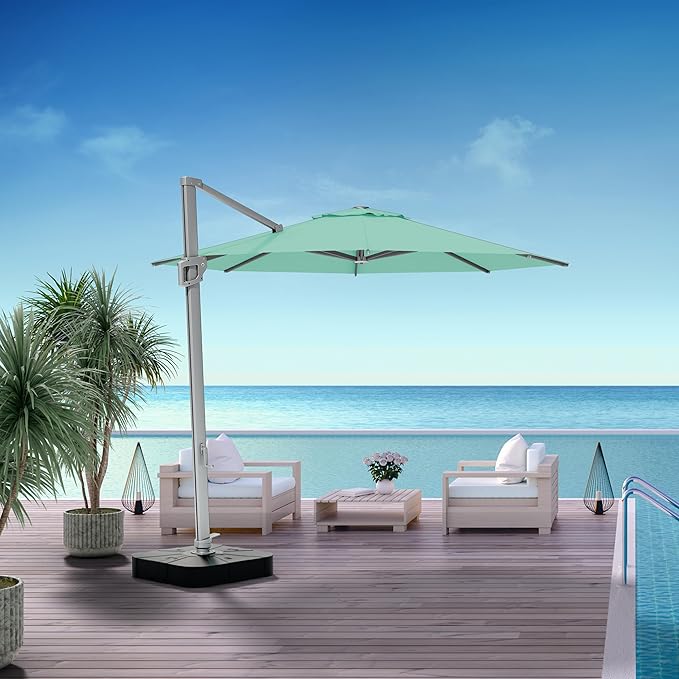 Midtown Umbrellas 10 Ft Outdoor Cantilever Patio Umbrella w/Sunbrella Canvas Glacier Fabric - 360° Rotate Offset Patio Umbrella, Deck Patio Umbrella, Backyard Umbrella & Garden Umbrella - Silver Frame