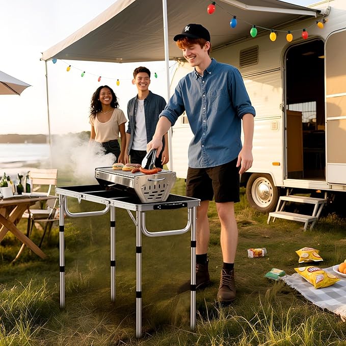 3ft Folding Grill Table with Storage Bag, 3 Adjustable Height 27.5" Aluminum Portable Grill Table, Heat Resistant, Lightweight, Portable Handle for BBQ Cooking Camping Travel, 35" X 16", Silver