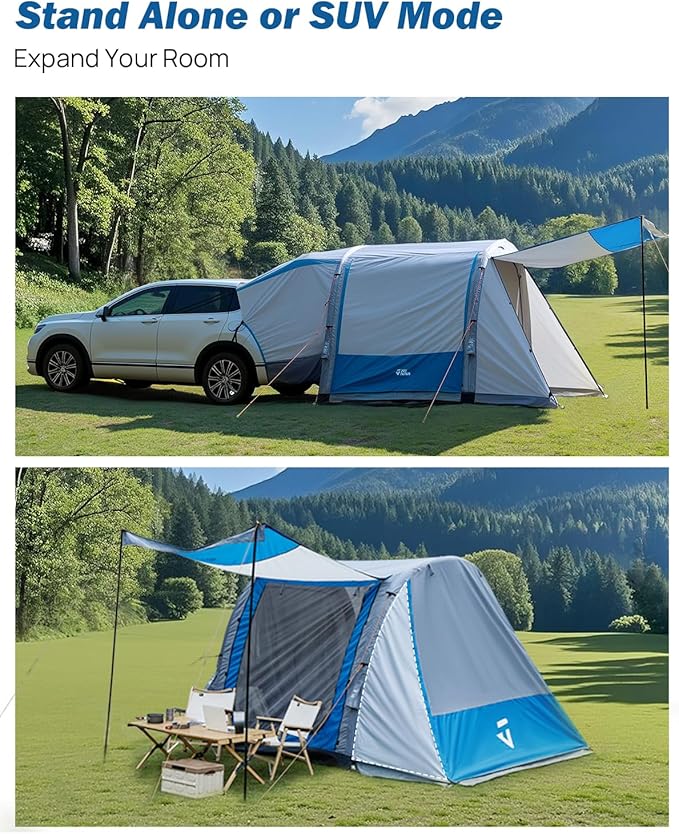 JOYTUTUS SUV Tent with Inflatable Pump, 30% More Space, Easy Set-up Car Tent for 6 Person Family Camping, Dual-Use SUV or Camping with 2 Awnings, Double Door, Fit for SUV Car Van