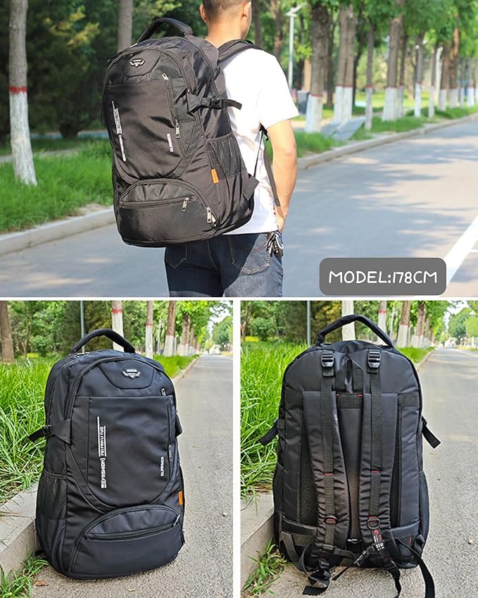 80L Large Travel Backpack for Men & Women, Lightweight Water-Resistant Hiking Backpack with Shoe Compartment, Foldable Daypack Rucksack for Travel Camping College Black