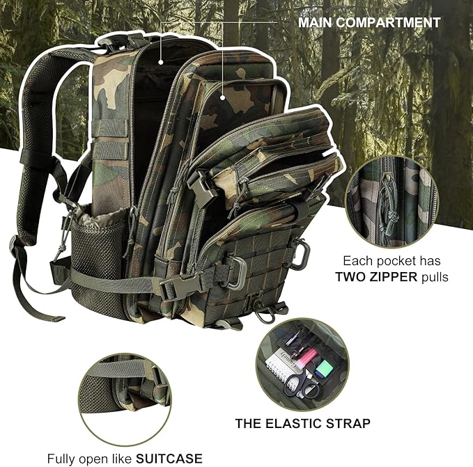 30L MOLLE Assault Pack, Tactical Backpack Military Army Camping Rucksack with Bottle Holder, 3-Day Pack, US Woodland