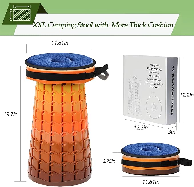ALEVMOOM 2025 Upgraded XXL Collapsilbe Stool with Cushion,More Sturdy and Height 19.7",D11.8,Portable and Lightweight Adjustable Chair Telescoping Stool for Camping Hiking BBQ Max Loading 1000Ibs