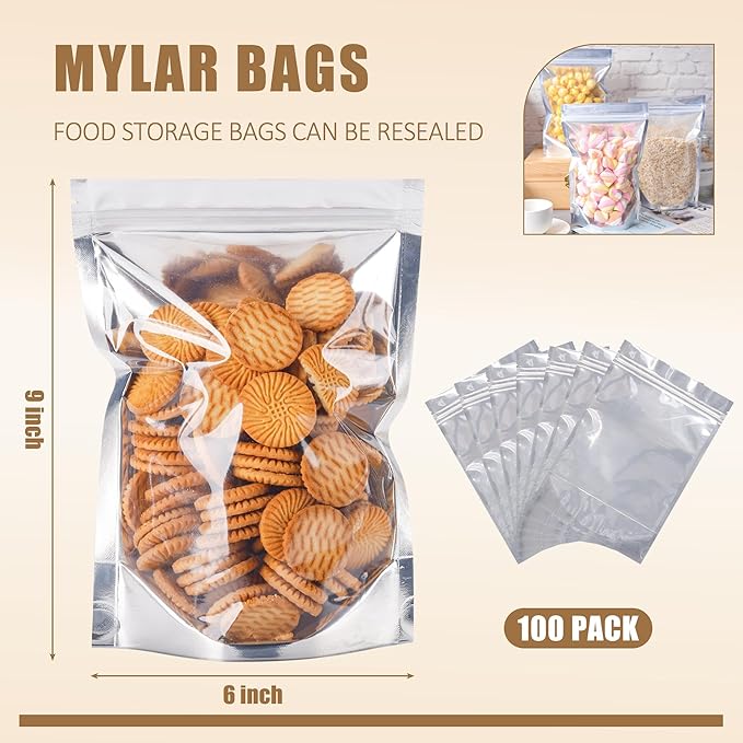 100 Pack Mylar Bags for 6x9 Stand Up Food Storage and Resealable Bags for Small Business Packaging Supplies Great for Party Favor Food Storage Bags