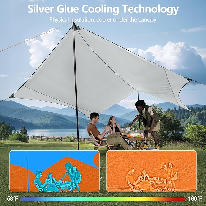 Camping Tarp with Poles & Retainer,15x12.5FT Large Waterproof 210D Oxford Cloth Camping Canopy, Anti-UV UPF100+ Tent Tarp for Outdoor, Picnic, Car, Hammock, Backpacking (Khaki)