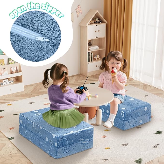 MeMoreCool Kids Folding Mattress, Trifold Mat Foldable Floor Mattress for Kids, 63x26 Tri Fold Floor Mat with Washable Cover and Carry Bag, Portable Floor Mat for Sleepover Daycare, Blue Astronaut