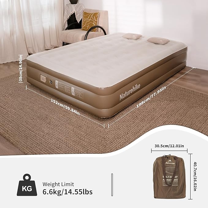 Naturehike Air Mattress Queen with Built in Pump, 15" Raise Blow Up Luxury Mattress, Fast 2Mins Portable Colchone Inflable Mattress, Cordless Air Bed for Home & Camping