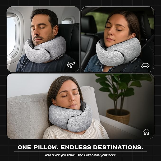 The Cozeo™ Travel Neck Pillow, 100% Pure Memory Foam Airplane Neck Pillow with Eye Mask & Earplug, Ideal for Long Flight, Car Road Trip Essentials & Sleeping | Comfortable & Suitable for Adults & Kids