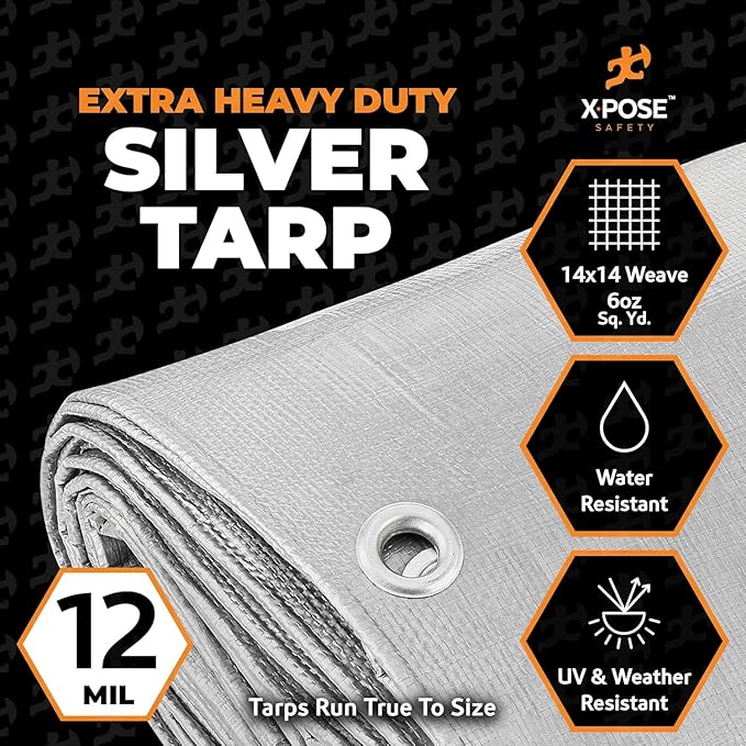 Heavy Duty Silver Poly Tarp 7' X 40' (2-Pack) - Multipurpose Protective Cover - Durable, Waterproof, Weather Proof, Rip and Tear Resistant - Extra Thick 12 Mil Polyethylene - by Xpose Safety