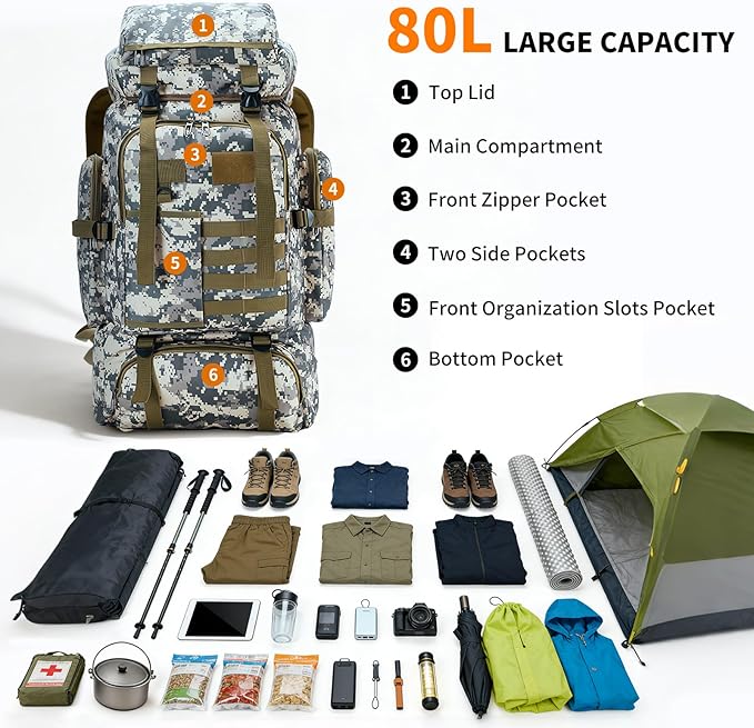 Hiking Backpack Tactical Backpack for Men Women, 80L Military Backpack Rucksack Waterproof Large Travel Camping Backpack for Men, Molle Rucksack Outdoor Travel Cycling Daypack (City Camo)