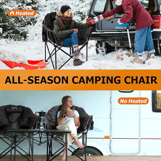 LILYPELLE Oversized Heated Camping Chair, Patio Lounge Chairs with 3 Heat Levels, Portable Folding Heated Chair Round Moon Saucer Folding Lawn Chair Outdoor Chair for Camping, Lounge Patio