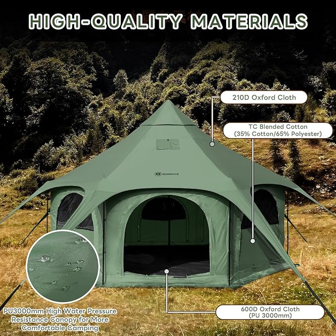 ShinHye 16.4ft Bell Tent for Glamping & Camping – Waterproof Canvas with Stove Jack, Removable Floor & 8 Mesh Windows (Fits 6-8 People)