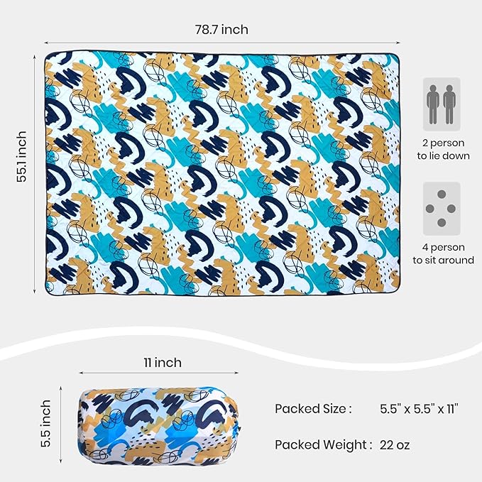 Waterproof Outdoor Blanket, 79" x 55" Large Packable Picnic Blankets, Foldable Picnic Mat for Park, Lawn, Grass, Beach, Concert (Blue Painting)