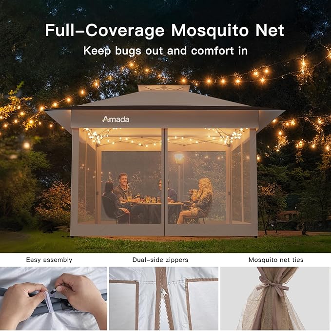 Amada 13x13 Pop Up Gazebo for Backyard & Patio Furniture,Gazebos on Clearance with Wheeled STO-N-Go Cover Bag,Carpa Pop Up Tent Party Tent and Shelter with Mosquito Netting for Lawn,Garden,Deck,Khaki
