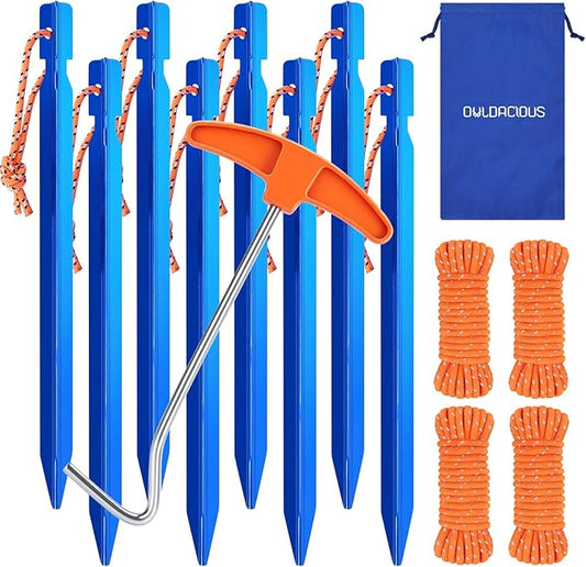 7 Inch Ultralight Aluminum Tent Stakes (8Pcs) – Includes 4X 10ft Guylines, Puller & Storage Bag. Non-Rust Metal Ground Spikes Tent Pegs for Camping.