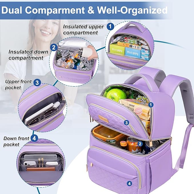 Lunch Backpack Insulated Coolers Backpacks - Lunch Bag for Women Double Decker Lunch Box, Leakproof Lunchbag Large Lunchbox Back Pack Lunch Cooler Bag for Picnic Beach Camping Work