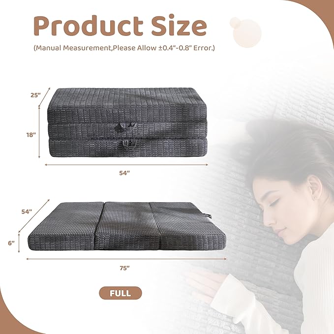 BYBYME Memory Foam Tri-Folding Mattress, 6 Inch Gel Folding Mattress Topper, Foldable Soft Guest Bed Camping Pad, with Washable Cover