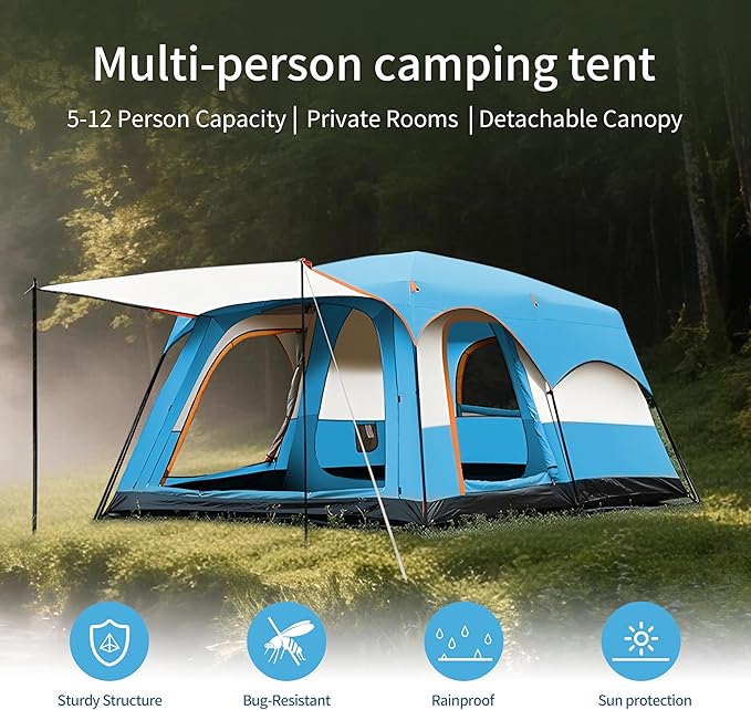 Large Family Standing Upright Camping Tent - 5-12 Persons Multi-Room Waterproof Tent with Screened Porch - Glamping Tent for Outdoor Camping & Family Vacation