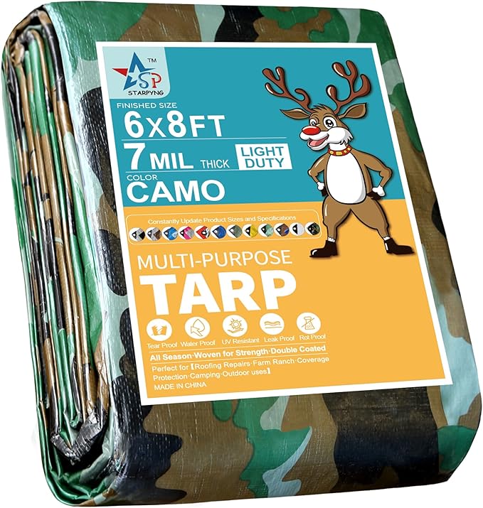 STARPYNG-7 Mil Camouflage 6x8 Feet Tarp-Multifunctional Camo Waterproof Tarpaulin-Waterproof, UV Resistant, Rip and Tear Resistant, Poly Tarpaulin with Reinforced Edges for Cover
