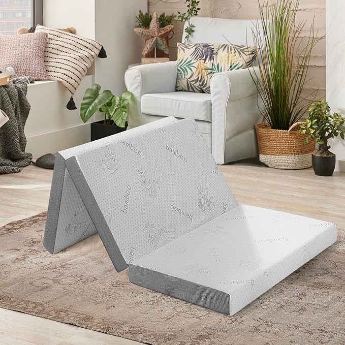 Giantex Folding Mattress, 4 Inch Gel-Infused Tri-fold Mattresses with Bamboo Cover & Carry Bag, CertiPUR-US Certified, Foldable Cooling Mattress Topper for Guest Room Dorm RV Camp Floor, Twin XL