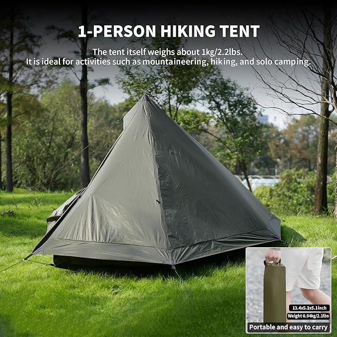 TENPLAY Ultralight 1 Person Tent - 970g 20D Nylon, 130cm Height, PU5000 Waterproof, Easy Setup, NO Trekking Pole for Hiking, Camping & Mountaineering