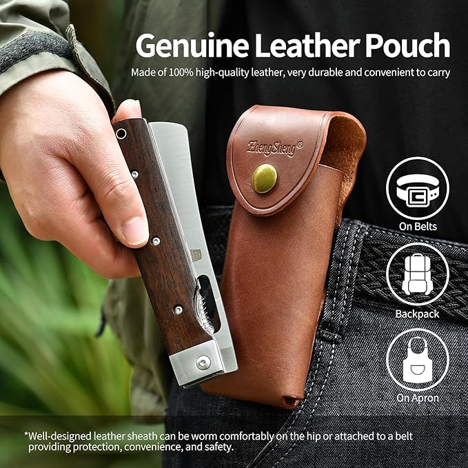 Folding Chef Knife with Leather Pouch 4.8" Sharp 440A Stainless Steel Blade Wooden Handle Pocket Foldable Japanese Style Kitchen Knife for Outdoor Camping Cooking.