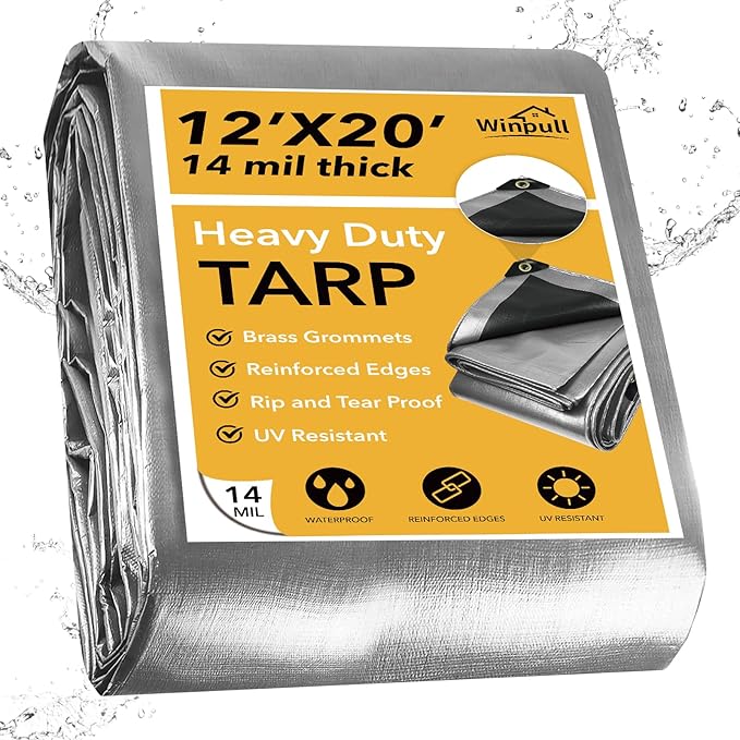 Tarp 12x20 Feet 14 Mil Heavy Duty Waterproof Tarp, Silver Poly Outdoor Tarp for Equipment, Firewood, Vehicles & Temporary Shelter, Reinforced Grommets, All-Weather Rain Wind Protection