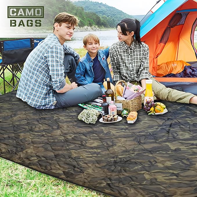 Outdoor Packable Camo Blanket - 1000D Polyester Interior & RIPSTOP Fabric Exterior Blanket with Adjustable & Removable Carrying Strap - Front, Back Storage Pocket - Ideal for Camping & Outdoor Use